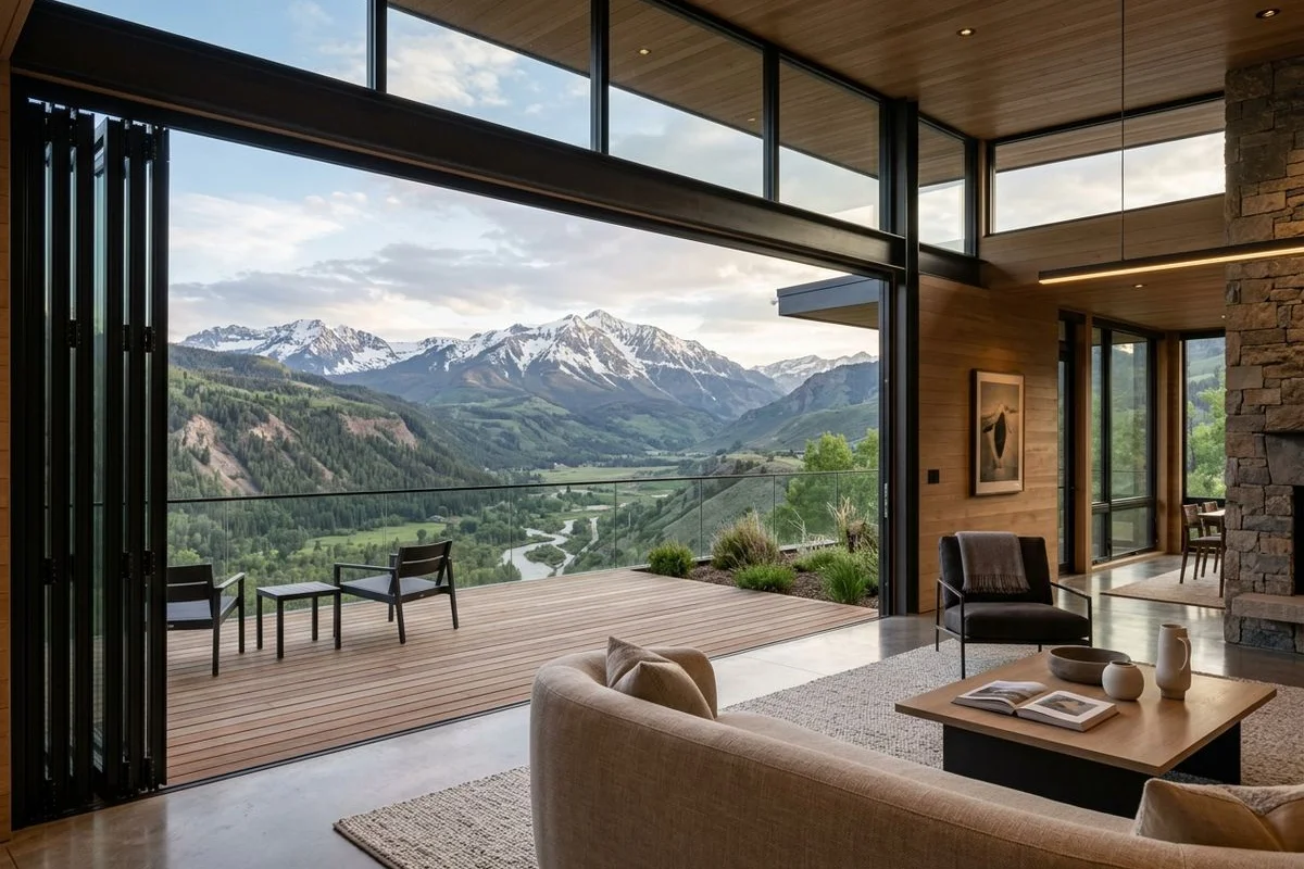 Bi-fold glass wall folded open to a mountain valley view
