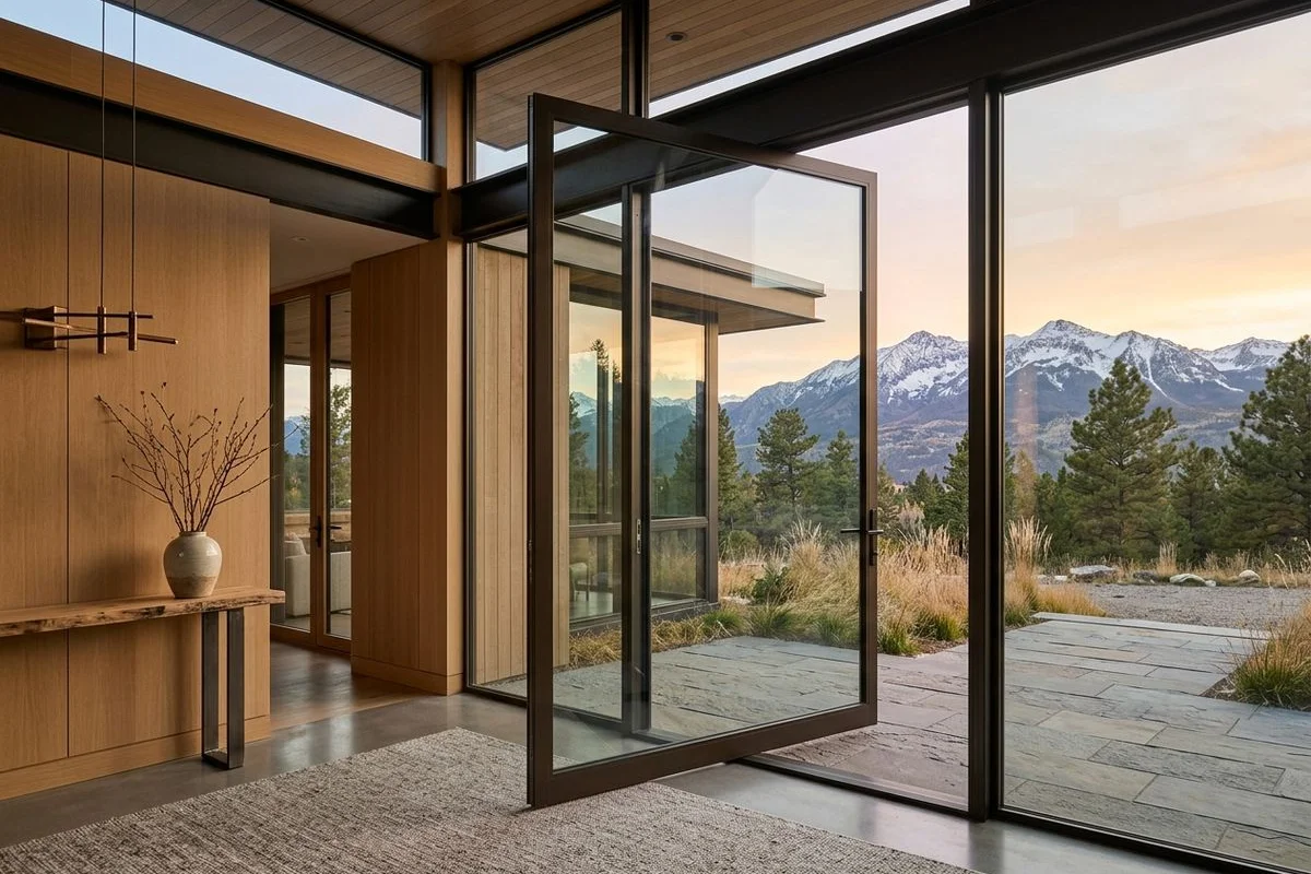 Full-height pivot door in a minimalist alpine foyer