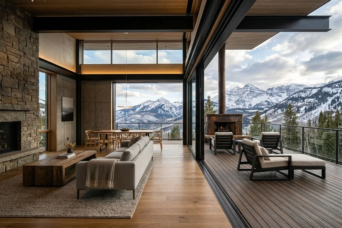 Panoramic sliding glass wall open onto snow-capped peaks