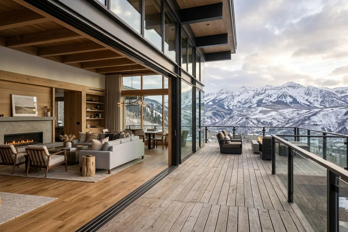 Design visualization of a great room with the sliding wall open onto the deck, facing the Elk Mountains