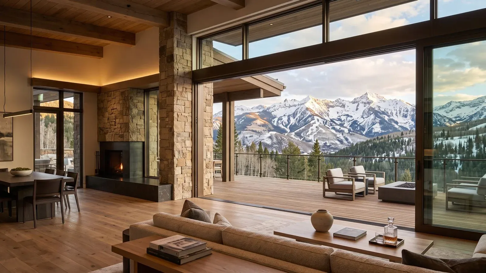 Design visualization of a panoramic sliding glass wall open in a Snowmass great room, framing snow-capped Colorado peaks at golden hour