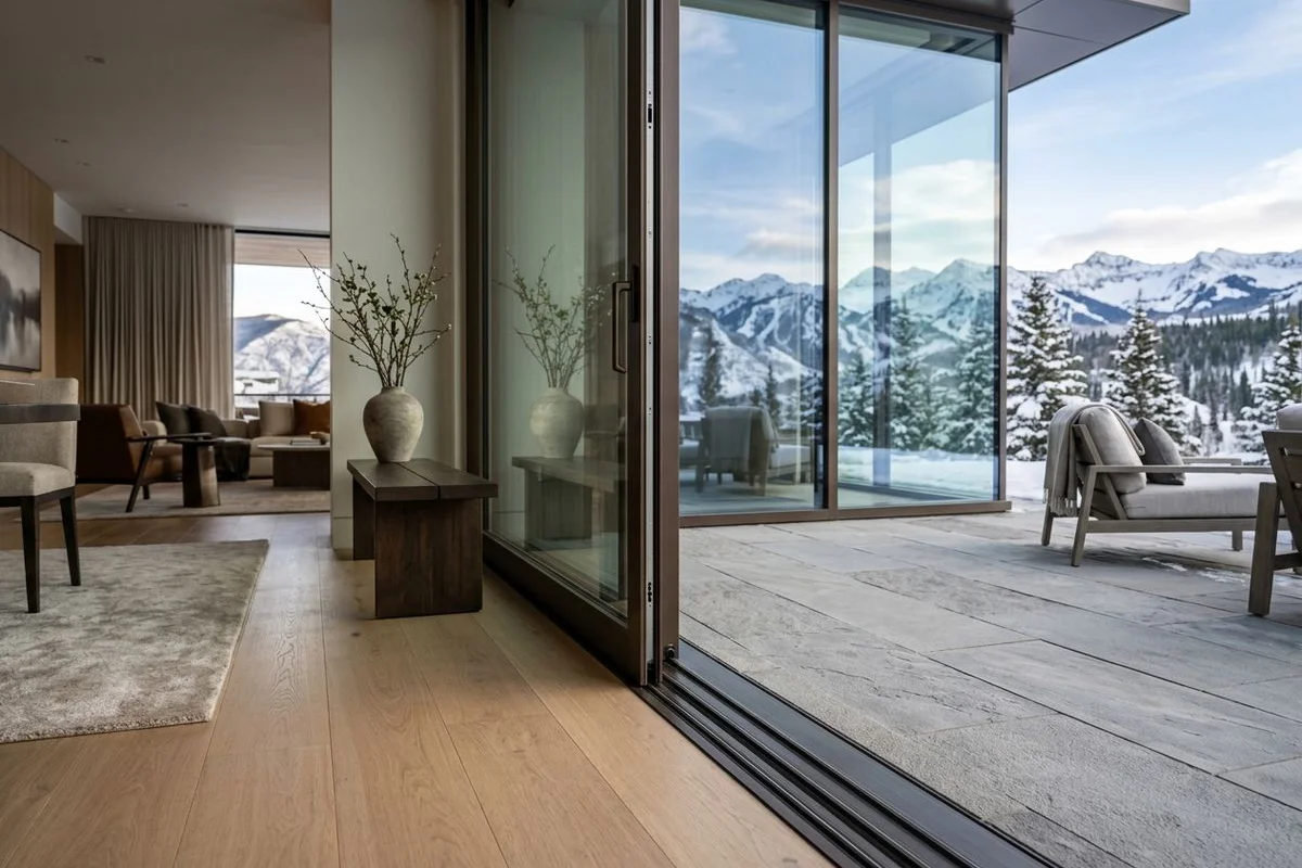 Threshold detail rendering showing a flush barrier-free track for a sliding-glass wall